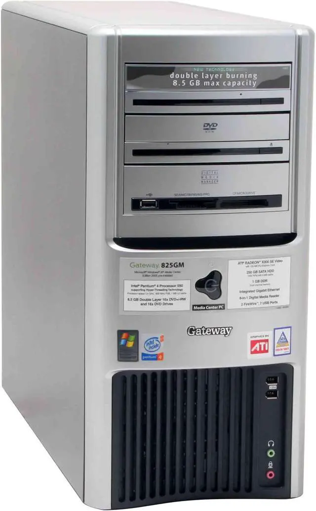 Alt view image 2 of 17 - Gateway Desktop PC 825GM 3.40GHz 1GB DDR 250GB HDD ATI Radeon X300 SE Windows XP Media Center