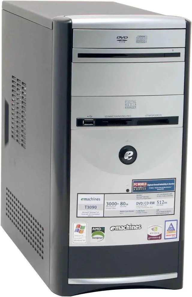 Alt view image 2 of 18 - eMachines Desktop PC T3090 3000+ 512MB DDR 80GB HDD NVIDIA GeForce4 MX Windows XP Home