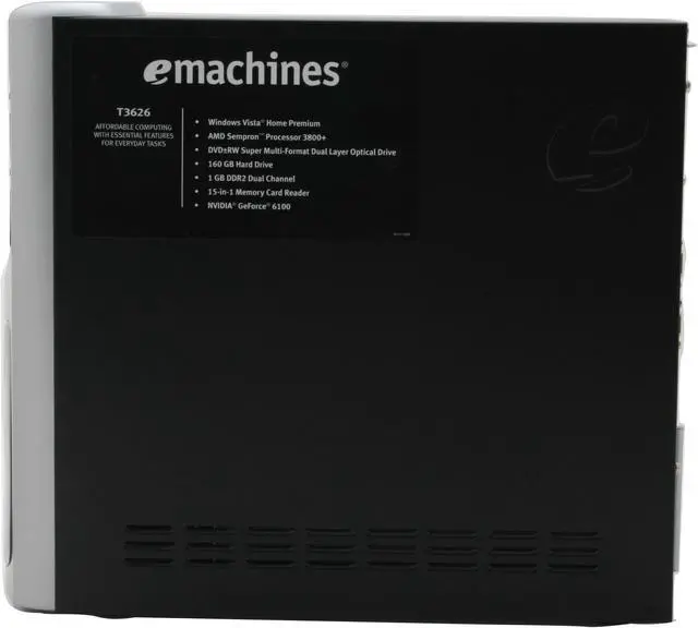 Alt view image 10 of 12 - eMachines Desktop PC T3626 - RA 3800+ (2.00 GHz) 1GB DDR2 160GB HDD NVIDIA GeForce 6100 Windows Vista Home Premium