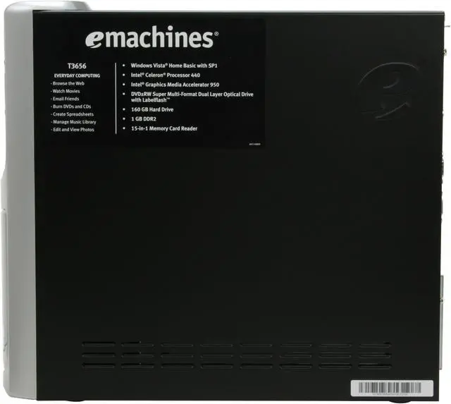 Alt view image 6 of 14 - eMachines Desktop PC T3656 Intel Celeron 440 1GB DDR2 160GB HDD Intel GMA 950 Windows Vista Home Basic