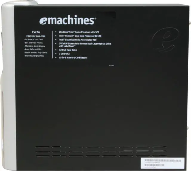 Alt view image 13 of 20 - eMachines Desktop PC T5274 Intel Pentium E2180 2GB DDR2 320GB HDD Intel GMA 950 Windows Vista Home Premium