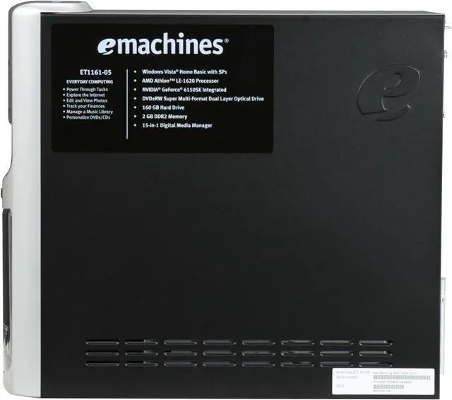 Alt view image 13 of 18 - eMachines Desktop PC ET1161-05 AMD Athlon 64 LE-1620 2GB DDR2 160GB HDD NVIDIA GeForce 6150 SE Windows Vista Home Basic