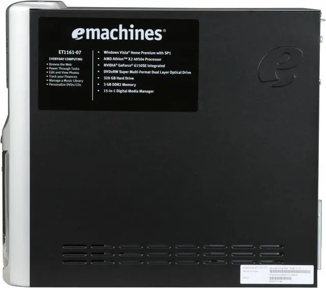 Alt view image 13 of 19 - eMachines Desktop PC ET1161-07 AMD Athlon X2 4050e 3GB DDR2 320GB HDD NVIDIA GeForce 6150 SE Windows Vista Home Premium