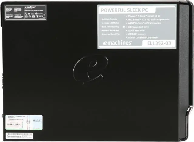 Alt view image 3 of 8 - eMachines Desktop PC EL1352-03 AMD Athlon II X2 240 4GB DDR3 500GB HDD NVIDIA GeForce 6150 SE Windows 7 Home Premium 64-bit