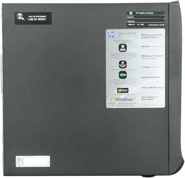 Alt view image 4 of 9 - HP Desktop PC Pavilion p6-2100 (QW795AA#ABA) AMD A4-3420 4GB DDR3 1TB HDD AMD Radeon HD 6410D Windows 7 Home Premium 64-bit