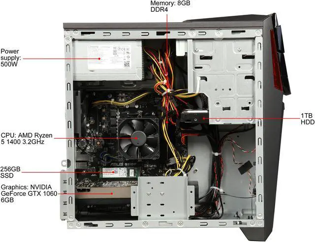 Alt view image 6 of 9 - ASUS G11DF-DBR5-GTX1060 ATX Gaming Desktop Computer, AMD RYZEN 5 1400 3.2GHz Processor (8M Cache, Turbo up to 3.4GHz), NVIDIA GeForce GTX 1060 6GB Graphics Card, 8GB 2400MHz DDR4 RAM, 256GB M.2 SSD + 1TB 7200RPM HDD, USB 3.1 Type-C, DVD-RW,