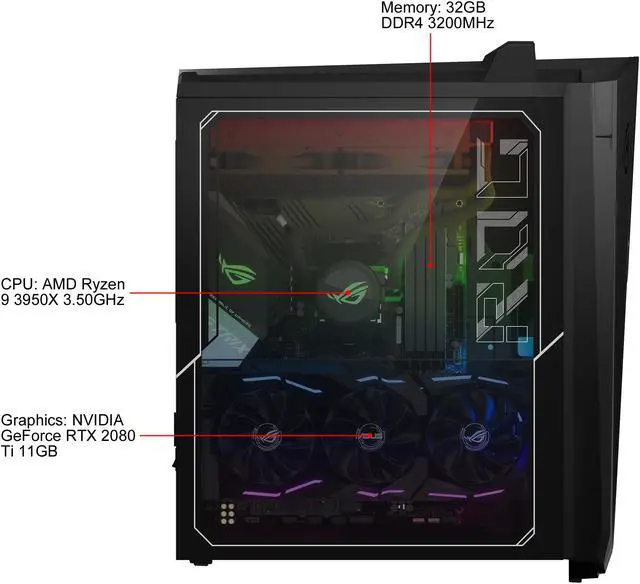 Alt view image 5 of 12 - ASUS Gaming Desktop ROG Strix GA35DX-XS99X AMD Ryzen 9 3950X 32GB DDR4 2TB HDD 1TB SSD GeForce RTX 2080 Ti Windows 10 Pro 64-bit
