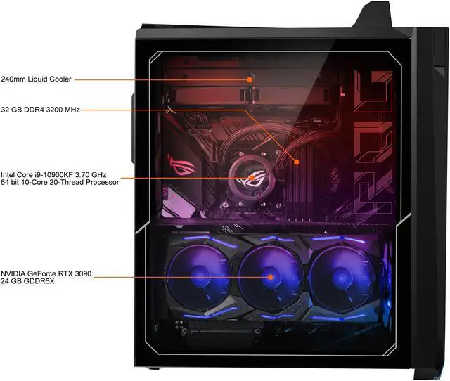 Alt view image 4 of 10 - ASUS ROG Strix G35CZ Gaming Desktop PC, GeForce RTX 3090, Factory Overclocked Intel Core i9-10900KF, 32 GB DDR4 RAM, 1 TB PCIe SSD + 2 TB HDD, Dual Hot-Swap SSD Bays, Windows 10 Pro, G35CZ-XB998