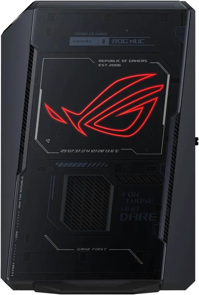 Main image of ASUS ROG NUC (2025) Gaming Mini PC with Intel Core Ultra 9 (Series 2) ARL-HX CPU, NVIDIA GeForce RTX 5080 Mobile GPU, 32GB DDR5 RAM, 2TB NVMe SSD, Thunderbolt 4, triple-fan cooling, and ARGB lighting