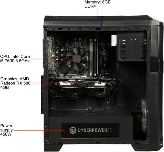 Alt view image 6 of 10 - CyberpowerPC Desktop Computer Gamer Xtreme S555 Intel Core i5-7600 8GB DDR4 1TB HDD 16 GB Optane Memory AMD Radeon RX 580 Windows 10 Home 64-Bit
