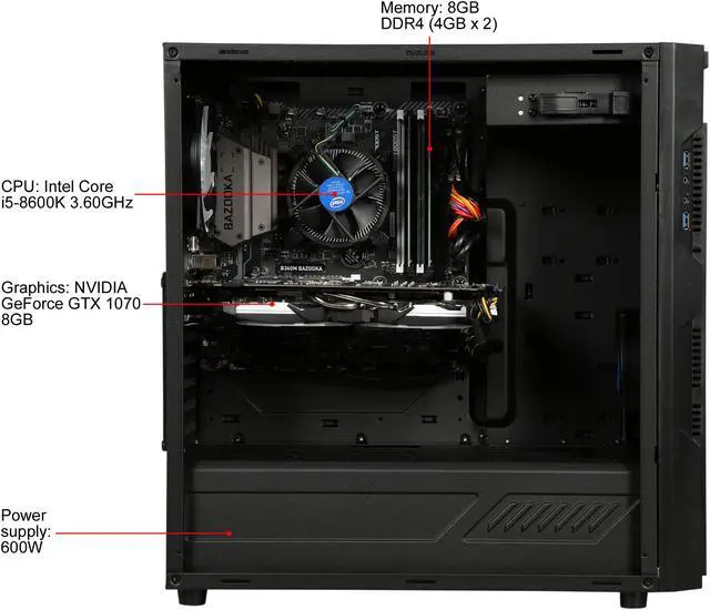 Alt view image 6 of 9 - CyberpowerPC Gaming Desktop Gamer Xtreme C578 Intel Core i5+ 8th Gen 8600K (3.60 GHz) 8 GB DDR4 2 TB HDD 16 GB Optane Memory NVIDIA GeForce GTX 1070 Windows 10 Home 64-Bit