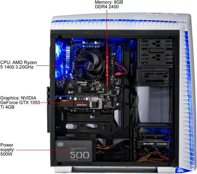Alt view image 4 of 4 - SkyTech Archangel II - Gaming Computer PC Desktop - Ryzen 5 1400 4-Core 3.2 GHz, NVIDIA GeForce GTX 1050 Ti 4 GB, 500 GB SSD, 8 GB DDR4, AC WiFi, Windows 10 Home 64-bit