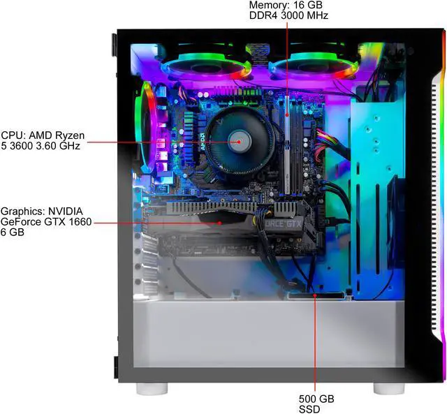 Alt view image 5 of 7 - Skytech Archangel - Ryzen 5 3600, GeForce GTX 1660, 500 GB SSD, 16 GB DDR4, RGB Fans, Windows 10 Home, 802.11AC Wi-Fi - Gaming Desktop (ST-Arch3.0-0054-NE)