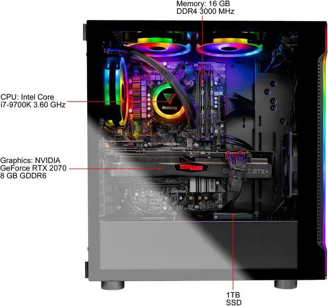 Alt view image 3 of 8 - Skytech Shadow Gaming Computer PC Desktop - Intel i7 9700K 3.6 GHz, RTX 2070 8 GB, 1 TB SSD, 16 GB DDR4 3000 MHz, 120mm AIO, Windows 10 Home 64-bit, 802.11ac Wi-Fi, 600W Gold