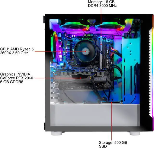 Alt view image 5 of 7 - Skytech Archangel 3.0 - Ryzen 5 2600X - RTX 2060 - 16 GB DDR4 - 500 GB SSD - RGB Fans - 802.11ac Wi-Fi - Windows 10 Home - Gaming Desktop