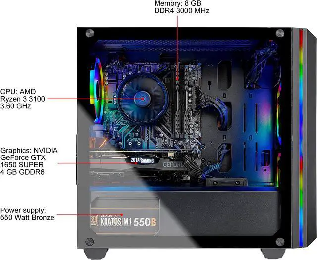 Alt view image 4 of 9 - Skytech Chronos Gaming PC Desktop - AMD Ryzen 3 3100, NVIDIA GTX 1650 SUPER 4 GB, 8 GB DDR4, 500 GB SSD, A320 Motherboard, 550 Watt Bronze