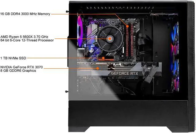 Alt view image 5 of 6 - Skytech Blaze 3.0 Gaming PC Desktop - AMD Ryzen 5 5600X 3.70 GHz, RTX 3070 8 GB GDDR6, 1 TB NVMe, 16 GB DDR4 3000,  B550 Motherboard, 750W Gold PSU, AC Wi-Fi, Windows 10 Home 64-bit