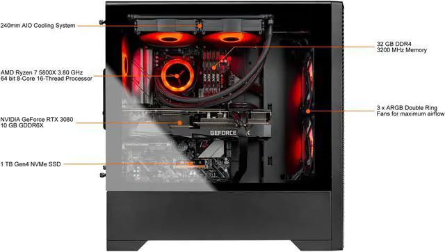 Alt view image 5 of 8 - Skytech BLAZE 3.0 Gaming PC Desktop - AMD Ryzen 7 5800X 3.8GHz, RTX 3080 10GB GDDR6X, 32GB DDR4 3200, 1TB Gen4 NVMe, X570 Motherboard, 240mm AIO, 850W Gold PSU, AC WiFi, Windows 10 Home 64-bit