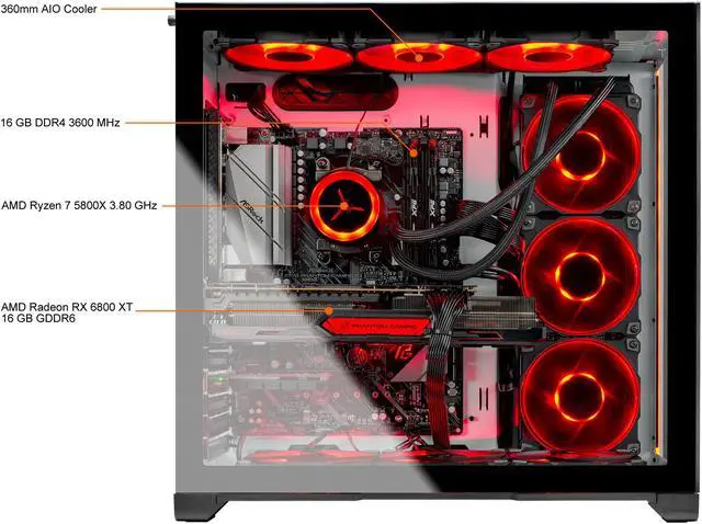 Alt view image 4 of 6 - Skytech Prism II Gaming PC Desktop - AMD Ryzen 7 5800X 3.80 GHz, AMD 6800 XT 16 GB GDDR6, 1 TB Gen4 SSD, 16 GB DDR4 3200, X570 Motherboard, 750W Gold PSU, 360mm AIO, AC Wi-Fi, Windows 10 Home 64-bit