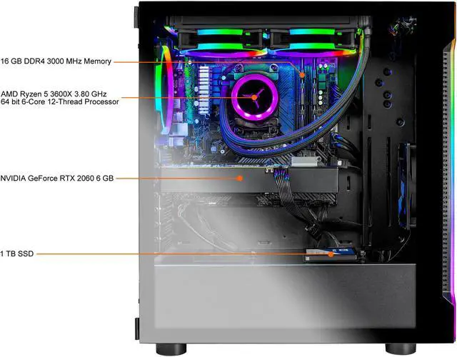 Alt view image 3 of 5 - Skytech Shadow 3.0 Gaming Computer PC Desktop - Ryzen 5 3600X 6-Core 3.80 GHz, RTX 2060 6 GB, 1 TB SSD, 16 GB DDR4 3000, 240mm AIO, B450M MB, AC WiFi, Windows 10 Home 64-bit, Black