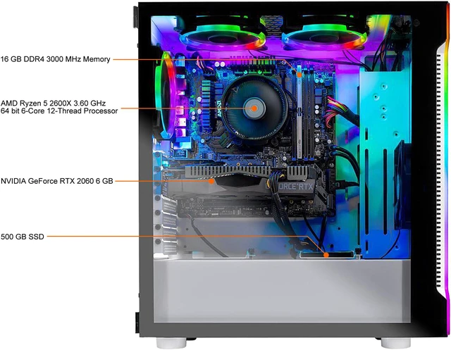 Alt view image 6 of 6 - Skytech Archangel Gaming Computer PC Desktop - Ryzen 5 2600X 3.60 GHz, RTX 2060 6 GB, 500 GB SSD, 16 GB DDR4 3000 MHz, RGB Fans, Windows 10 Home 64-bit, 802.11ac Wi-Fi (Refurbished)