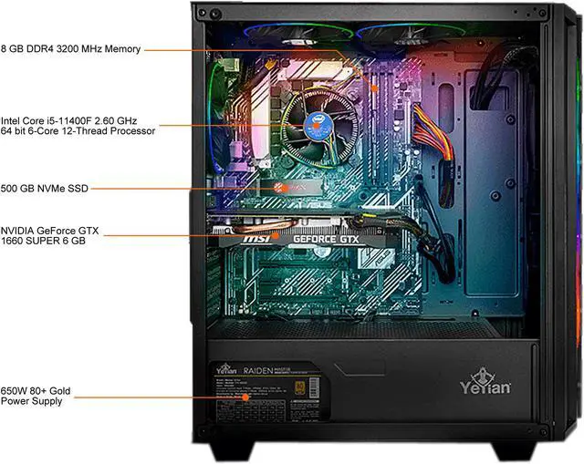 Alt view image 6 of 12 - Yeyian Gaming Desktop Shoge X11 Intel Core i5-11400F 8GB DDR4 500 GB NVMe SSD GeForce GTX 1660 SUPER Windows 11 Home 64-bit