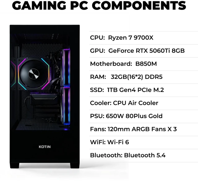 Alt view image 6 of 9 - KOTIN Desktop PC M70B KTM70BH797X32506T8G AMD Ryzen 7 9700X 32GB DDR5 1TB PCIe SSD PNY GeForce RTX 5060 Ti Windows 11 Home