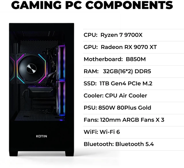 Alt view image 6 of 9 - KOTIN Desktop PC M70B KTM70BH797X32907X16G AMD Ryzen 7 9700X 32GB DDR5 1TB PCIe SSD XFX RX-97TSWF3BA Windows 11 Home