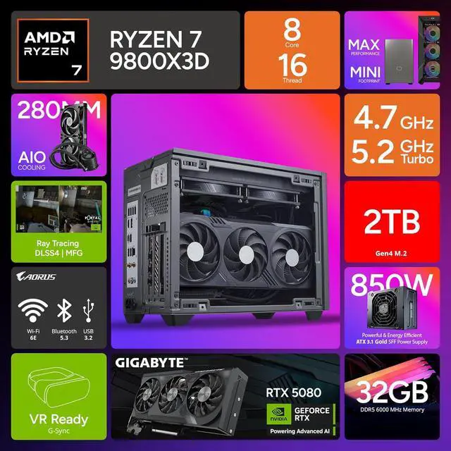 Alt view image 10 of 18 - Cooler Master NR2 Pro Mini ITX - AMD RYZEN 7 9800X3D 4.7 GHz (5.2 GHz Turbo) | Gigabyte RTX 5080 16GB & Gigabyte B850I AORUS PRO | 32GB DDR5 6000MHz | 2TB Gen4 M.2 | WiFi | Windows 11 | 280mm AIO Gaming PC