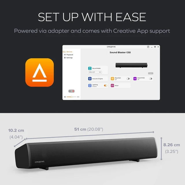 Alt view image 6 of 14 - Sound Blaster GS5 Compact RGB Gaming Soundbar, For TV and PC, Black, RGB Gaming Soundbar, Bluetooth, USB-C, SuperWide, Desktop Audio, TV, PC, Immersive Sound