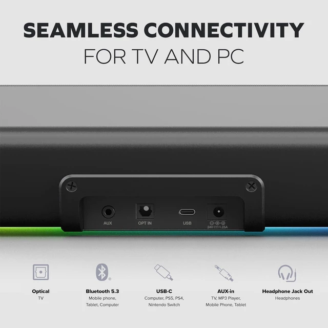 Alt view image 5 of 14 - Sound Blaster GS5 Compact RGB Gaming Soundbar, For TV and PC, Black, RGB Gaming Soundbar, Bluetooth, USB-C, SuperWide, Desktop Audio, TV, PC, Immersive Sound