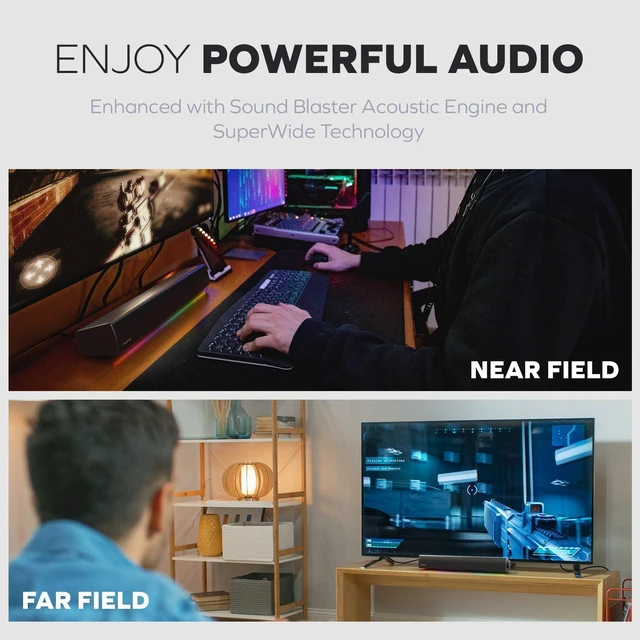 Alt view image 3 of 14 - Sound Blaster GS5 Compact RGB Gaming Soundbar, For TV and PC, Black, RGB Gaming Soundbar, Bluetooth, USB-C, SuperWide, Desktop Audio, TV, PC, Immersive Sound