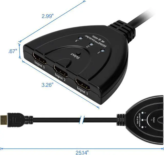 Alt view image 2 of 5 - Rosewill 3-Port HDMI Selector Switch, 3x1 Pigtail Splitter Cable 2.0 with Input Device Switching, 4K Ultra HD, Full HD 1080p 3D - RCHS-18001
