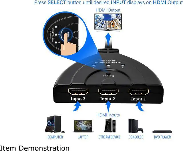 Alt view image 4 of 5 - Rosewill 3-Port HDMI Selector Switch, 3x1 Pigtail Splitter Cable 2.0 with Input Device Switching, 4K Ultra HD, Full HD 1080p 3D - RCHS-18001