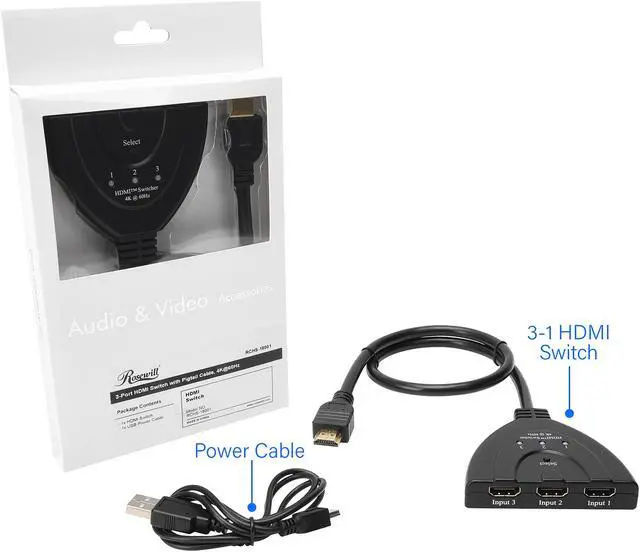 Alt view image 5 of 5 - Rosewill 3-Port HDMI Selector Switch, 3x1 Pigtail Splitter Cable 2.0 with Input Device Switching, 4K Ultra HD, Full HD 1080p 3D - RCHS-18001