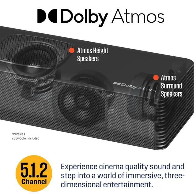 Alt view image 2 of 8 - Westinghouse WS512AWS 5.1.2 Channel Dolby Atmos Soundbar with Wireless Subwoofer, Black