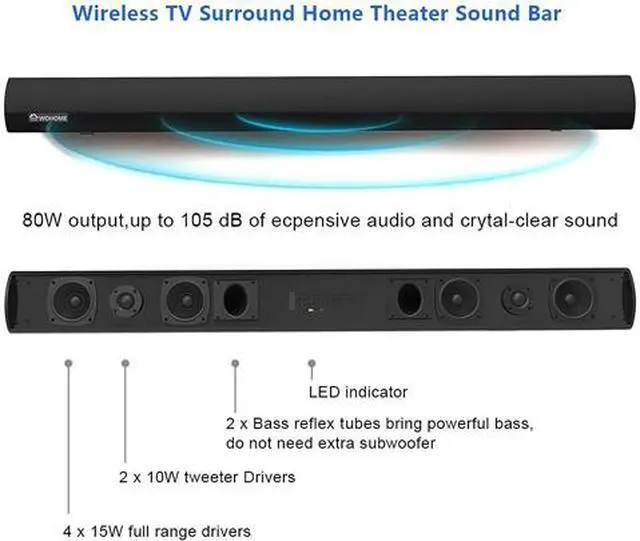 Alt view image 2 of 7 - Wohome W-S9920 TV Sound Bar Wireless Bluetooth and Wired Home Theater Speaker System