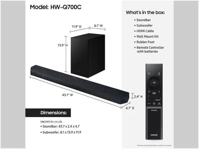Alt view image 5 of 11 - Samsung Q-series 3.1.2 ch. Wireless Dolby ATMOS Soundbar w/ Q-Symphony / HW-Q700C (2023)