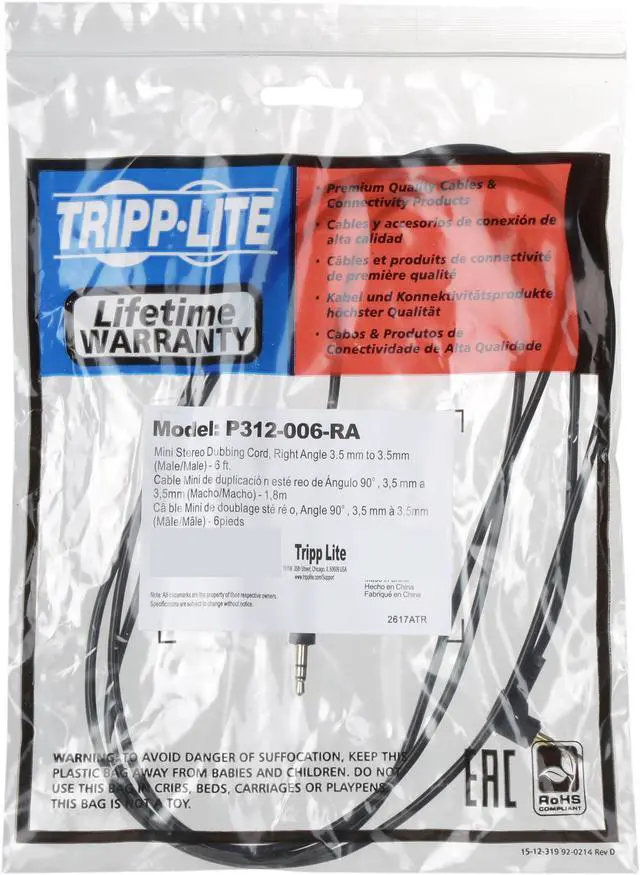 Alt view image 3 of 4 - Tripp Lite P312-006-RA 3.5mm Mini Stereo Audio Cable with one Right Angle plug (M/M)