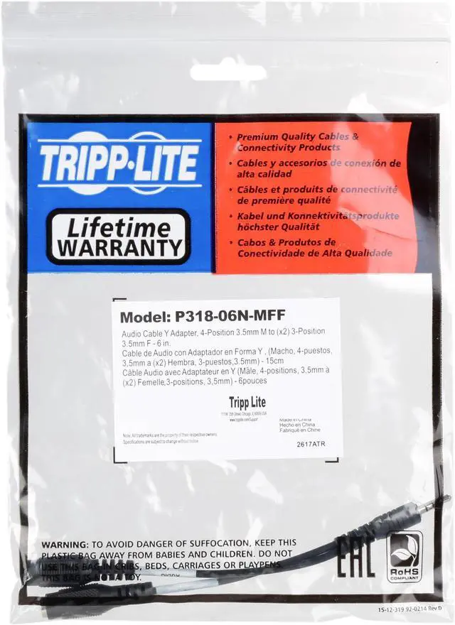 Alt view image 3 of 3 - Tripp Lite P318-06N-MFF 6" (x2) 3.5mm 3-Position Female to 3.5mm 4-Position Male Audio Splitter Adapter