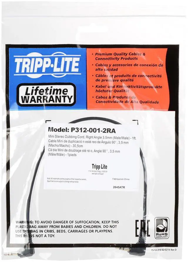 Alt view image 3 of 4 - Tripp Lite P312-001-2RA 1 ft. 3.5mm Mini Stereo Audio Cable with two Right Angle plugs (M/M)