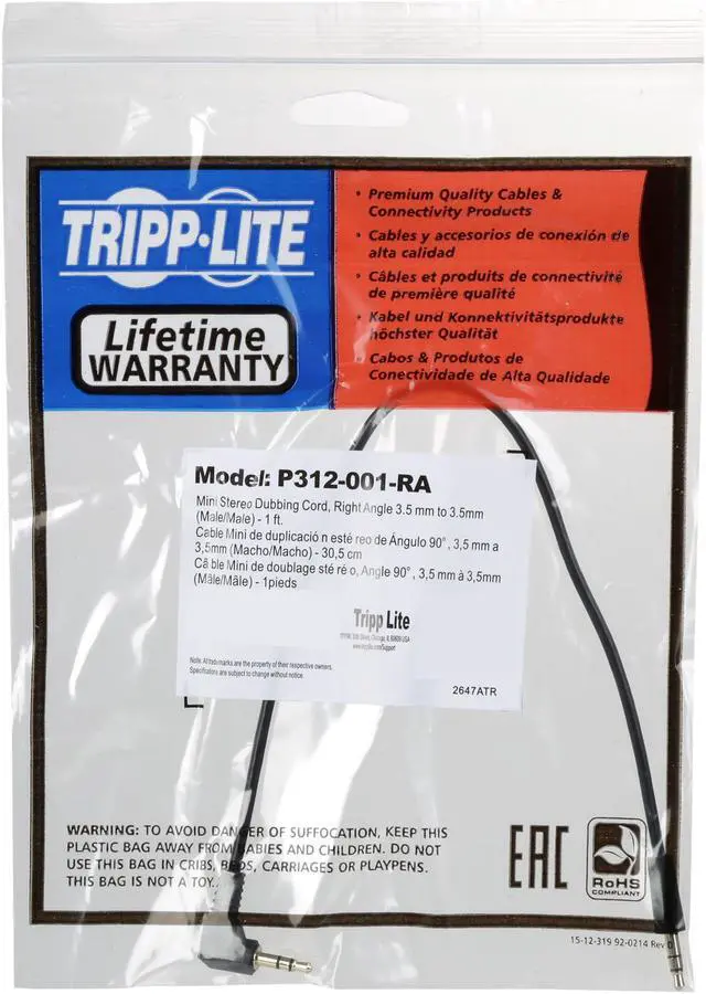 Alt view image 3 of 4 - Tripp Lite P312-001-RA 1 Foot 3.5mm Mini Stereo Audio Cable with one Right Angle plug (M/M)