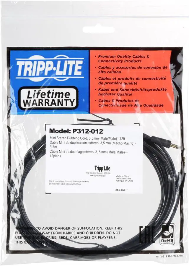 Alt view image 3 of 3 - Tripp Lite P312-012 3.5mm Mini Stereo Audio Cable for Microphones, Speakers and Headphones Male to Male