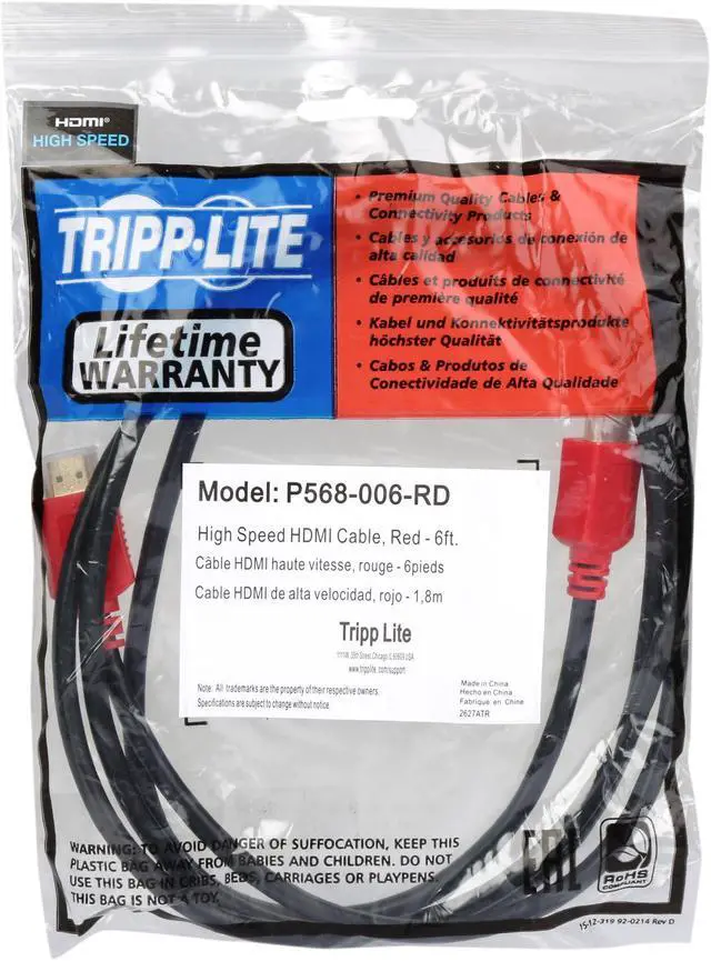 Alt view image 3 of 3 - Tripp Lite High-Speed HDMI Cable with Digital Video and Audio, Ultra HD 4K x 2K (M/M), Red, 6 ft. (P568-006-RD)