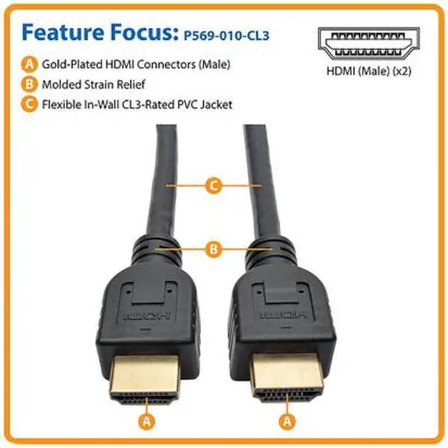 Alt view image 3 of 3 - Tripp Lite 10 ft. Hi-Speed HDMI Cable with Ethernet Digital (M/M), CL3-Rated, UHD 4K x 2K, 10’ (P569-010-CL3)