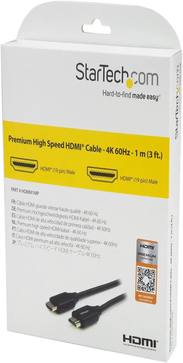 Alt view image 4 of 5 - StarTech HDMM1MP 1m 3 ft Premium High Speed HDMI Cable with Ethernet - 4K 60Hz - Premium Certified HDMI Cable - HDMI 2.0 - 30AWG