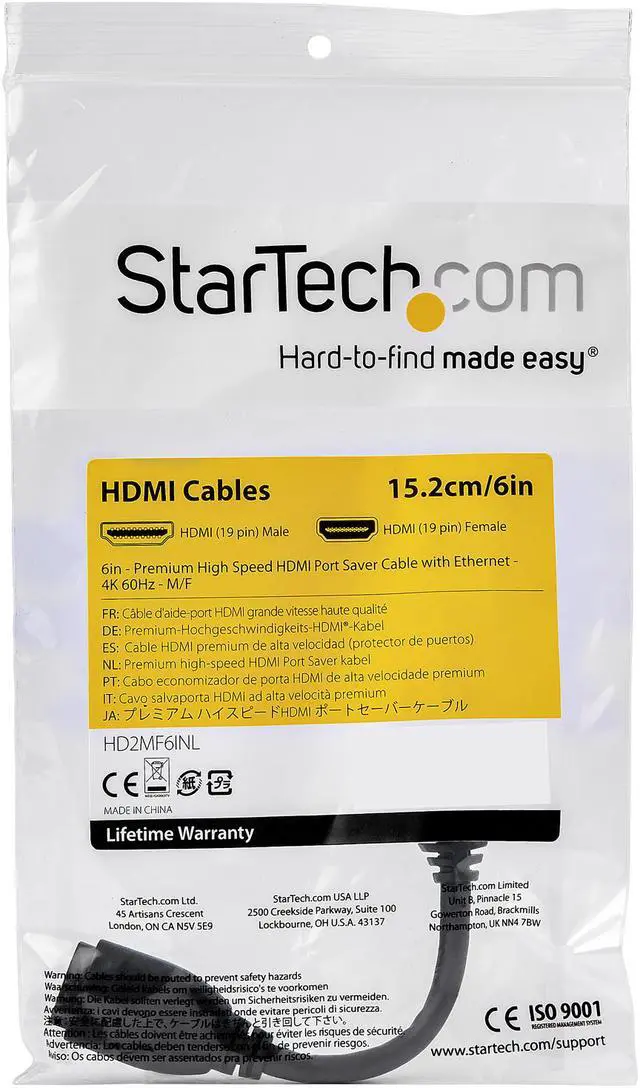Alt view image 4 of 4 - StarTech.com HD2MF6INL 6in High Speed HDMI Port Saver Cable with 4K 60Hz - Short HDMI 2.0 Male to Female Adapter Cable - Port Extender (HD2MF6INL)
