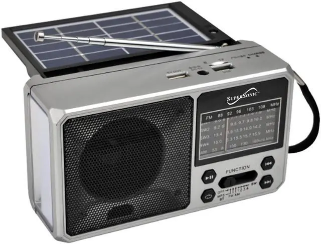 Main image of Supersonic SC-1180BT SolarWave Solar Emergency Radio w/Bluetooth 6.0, AM/FM/SW1-4, Solar+USB-C Rechargeable Battery, LED Flashlight, Micro SD/USB, 360° Antenna, Portable Speaker (Silver)
