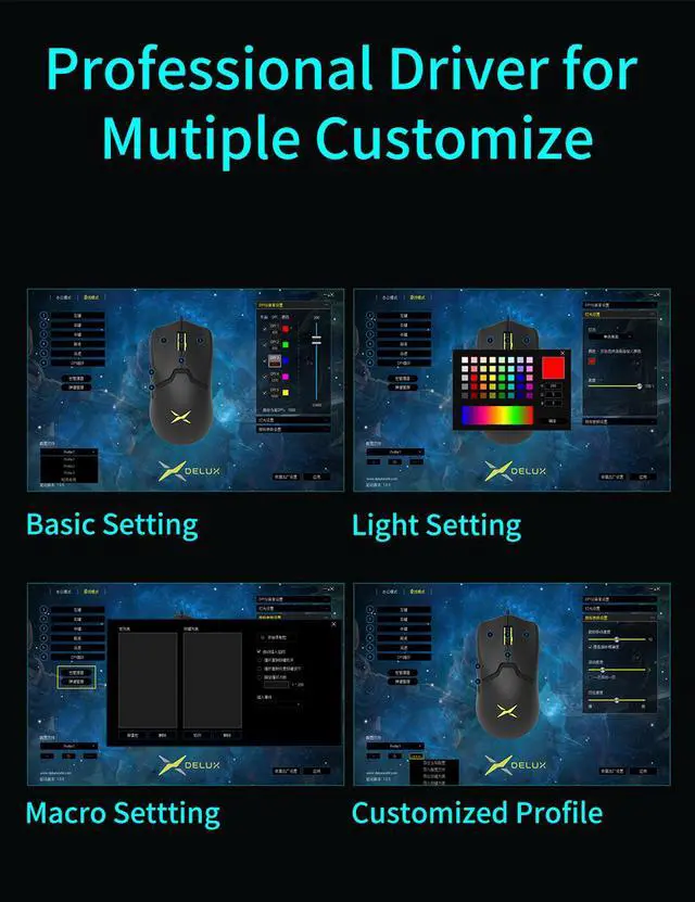 Alt view image 6 of 7 - Delux M800 RGB Wired Gaming Mouse 12400-16000 DPI 58g Lightweight Ergonomic 1000Hz Mice with Soft rope Cable For Computer Gamer