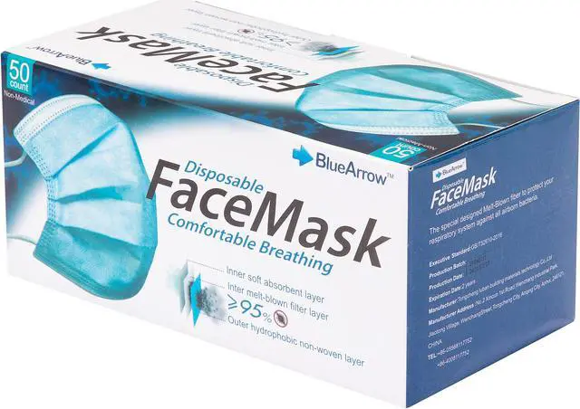 Main image of Blue Arrow Disposable 3-Layers Face Mask in Blue Color, Size: 6.10" x 4.13", 50 pcs per Box